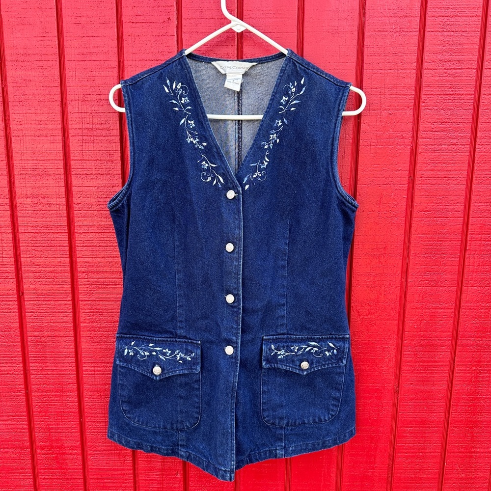 Casual Corner Blue Denim Vest with White Embroidery